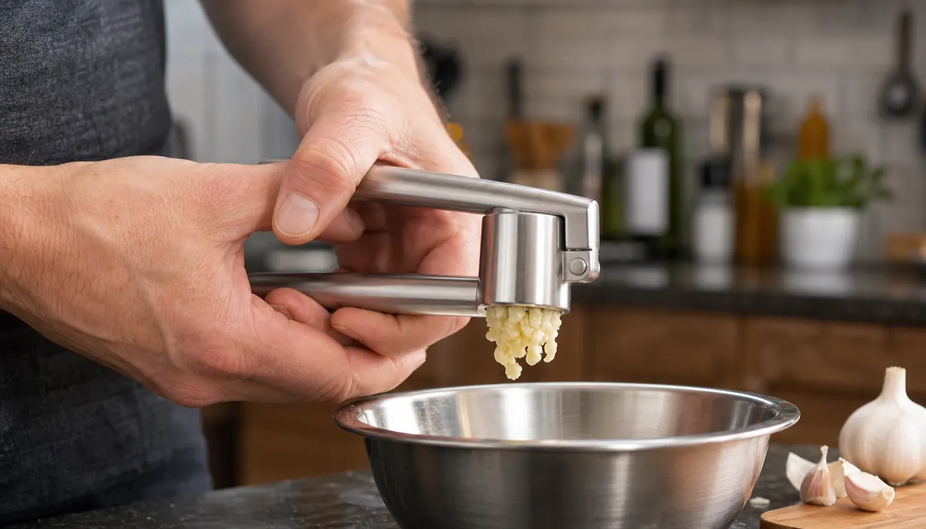 A hand squeezing a metal garlic press over a small bowl, crushed garlic coming out of the holes.