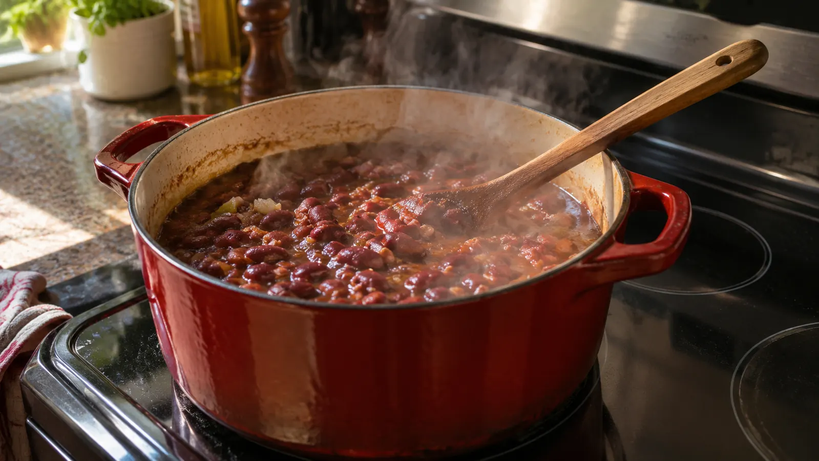 A big pot of red beans simmering on a stove with a wooden spoon resting across it, warm afternoon kitchen light.
