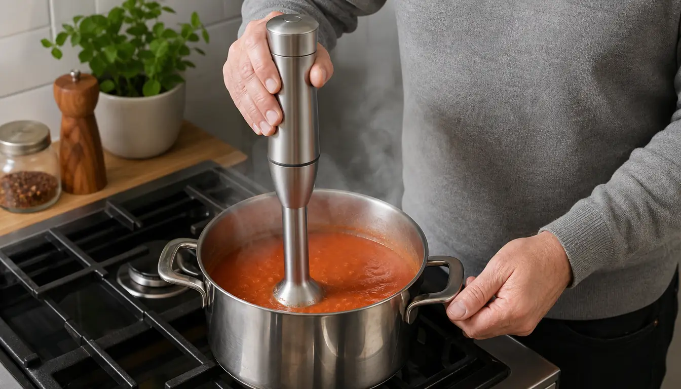 A person blending soup directly in a pot on a home stove with a hand blender, steam rising