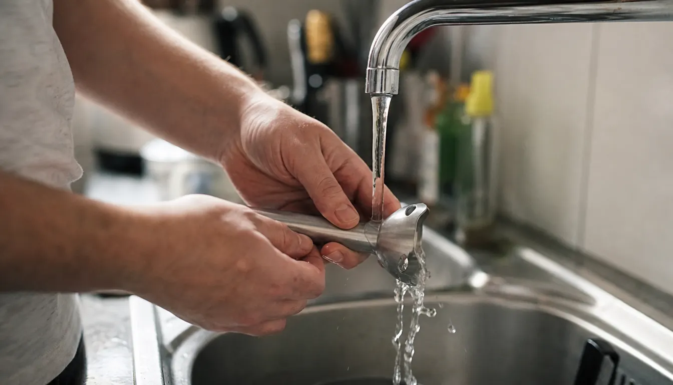 Rinsing the shaft of a hand blender under a running kitchen tap