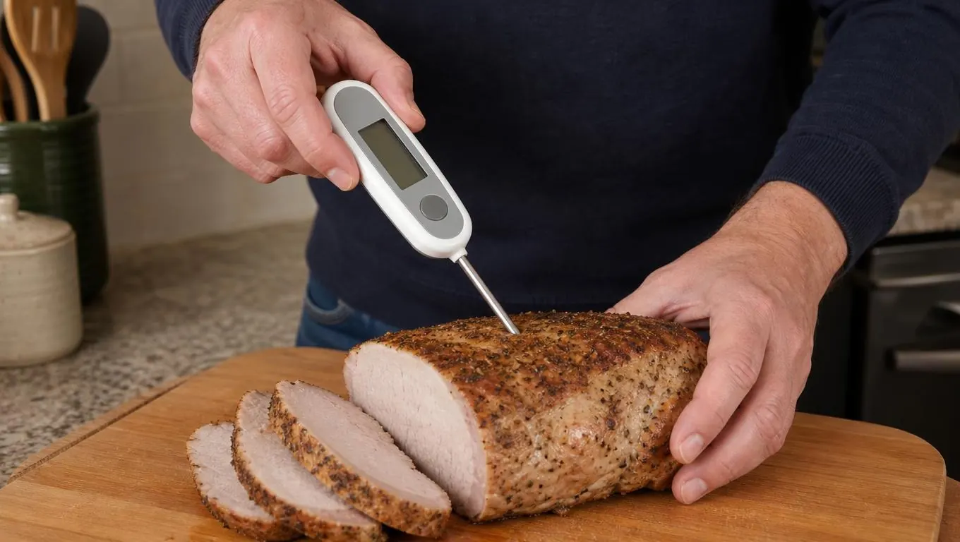 A hand inserting a digital meat thermometer probe into a pork loin on a cutting board