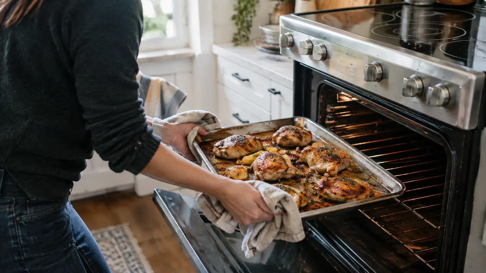 A person pulling a sheet pan of roasted chicken thighs out of an open electric oven