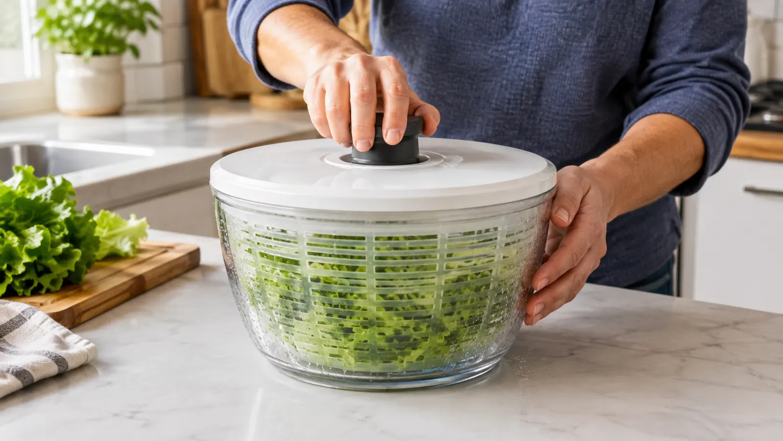 A hand turning the knob of a salad spinner on a kitchen counter