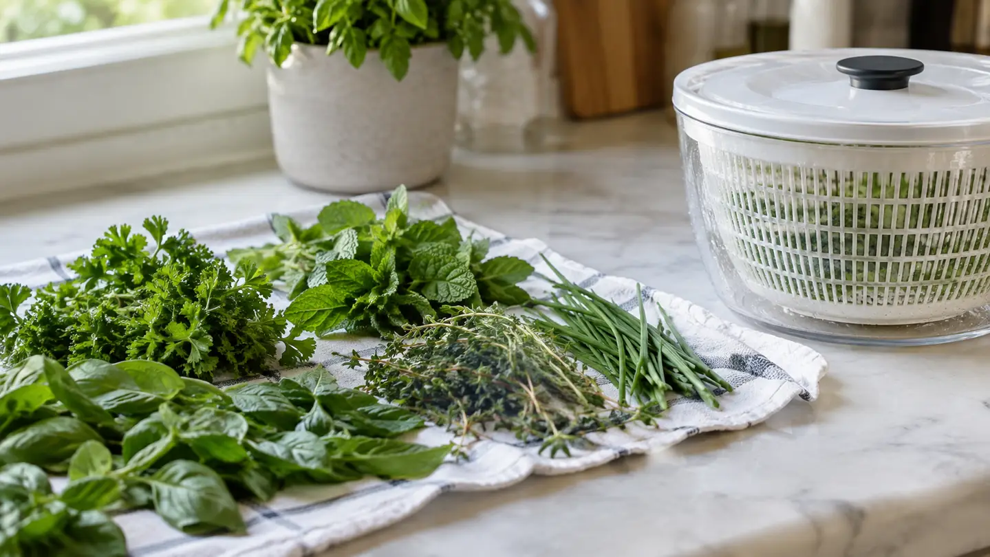Fresh herbs drying on a towel next to a salad spinner
