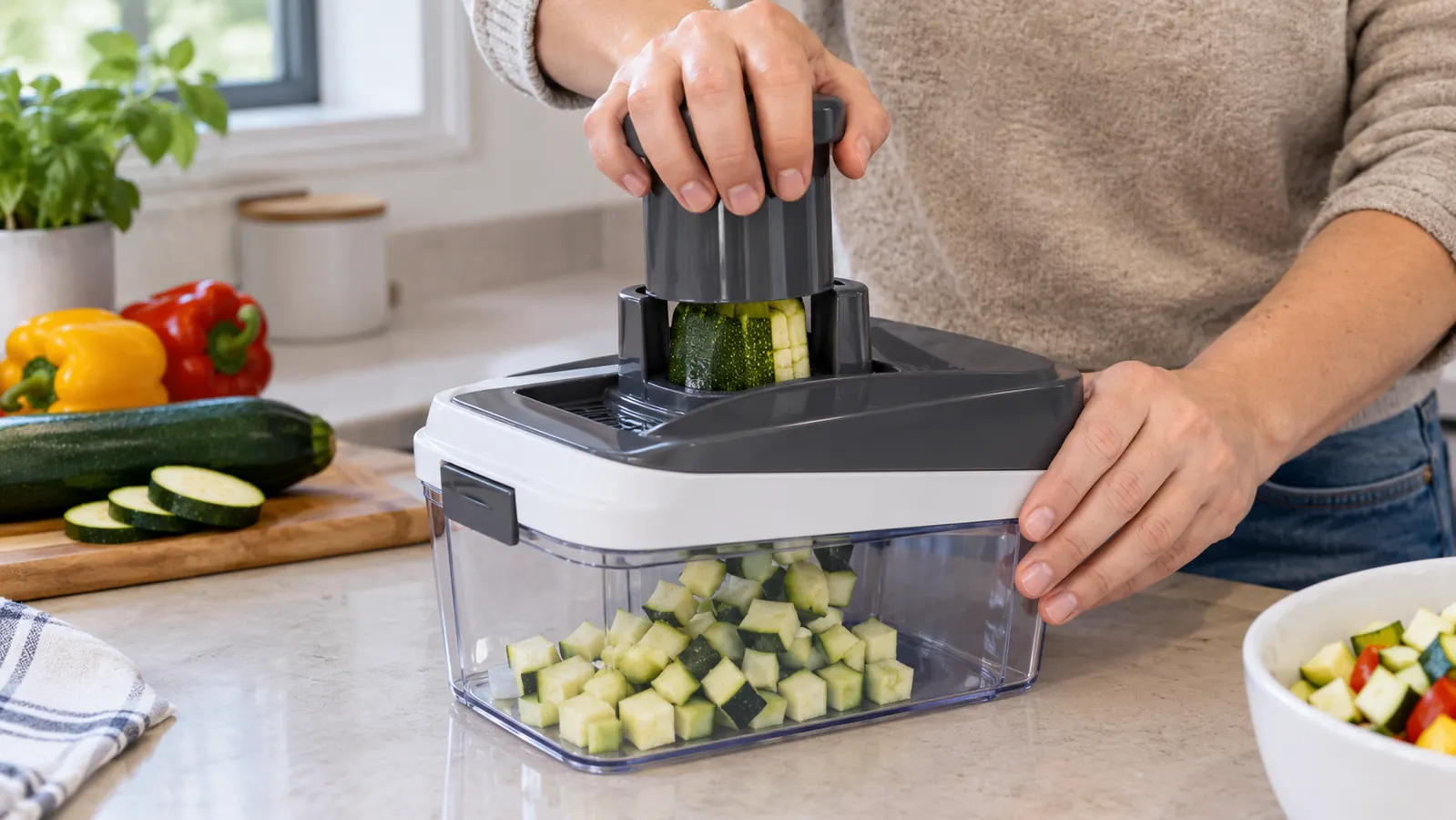 A hand pressing a vegetable through a chopper while diced pieces fall into the collection tray on a kitchen counter