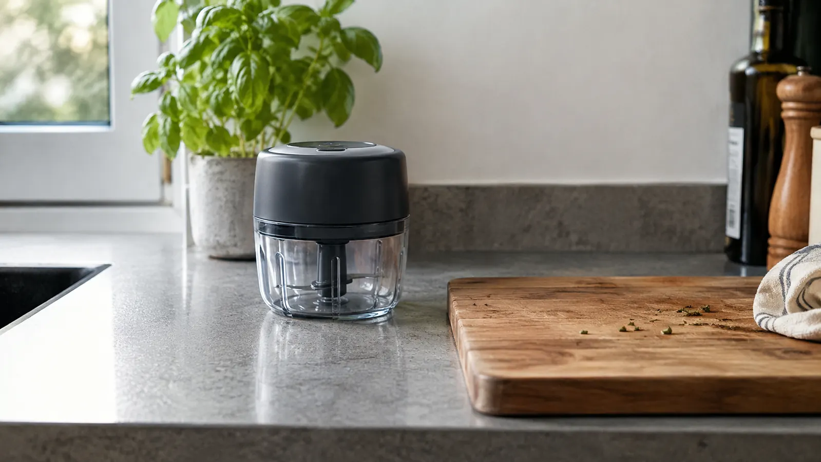 A clean kitchen counter with a small chopper stored beside a cutting board and a towel