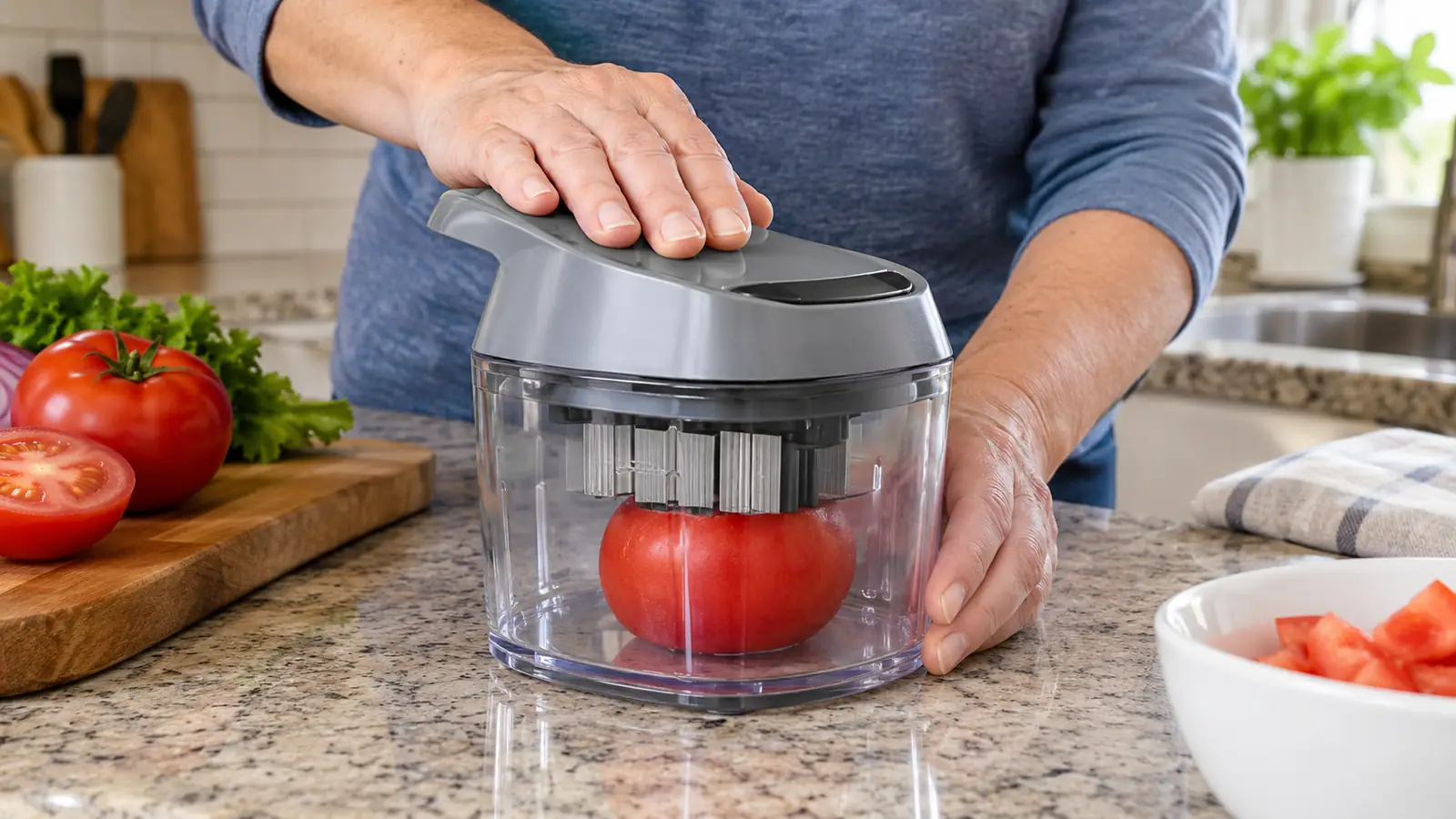 A hand pressing the lid of a vegetable chopper over a tomato on the cutting board