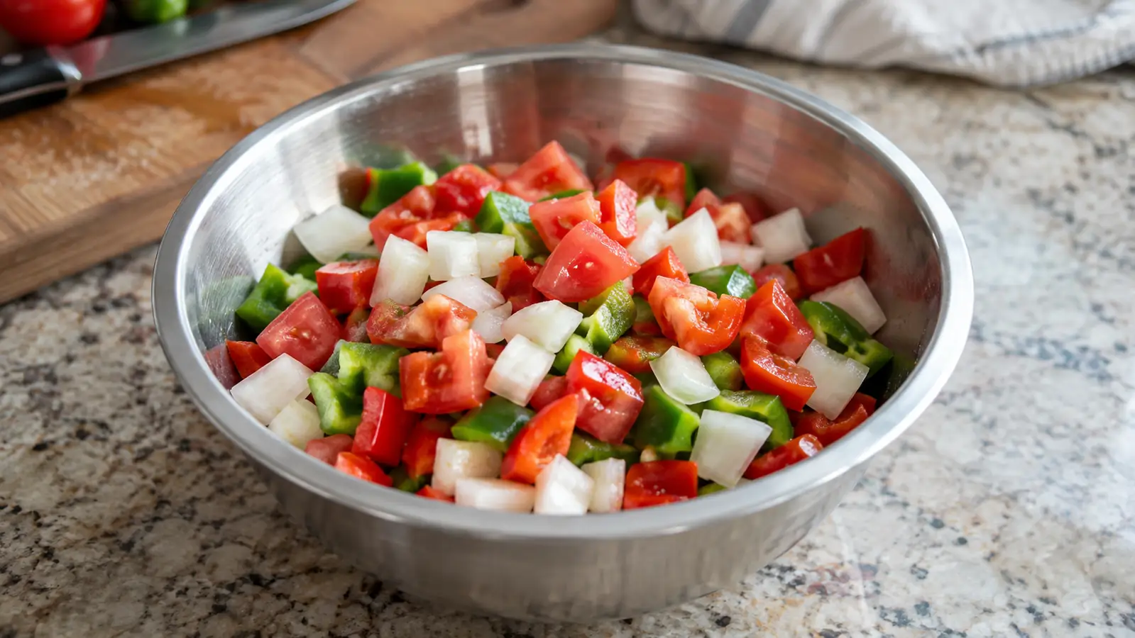 A bowl of diced onions, peppers, and tomatoes ready for dinner