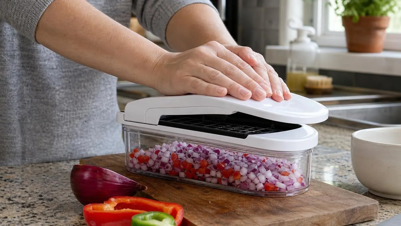 Hands pressing the lid of a vegetable chopper over a container of diced vegetables on a kitchen counter