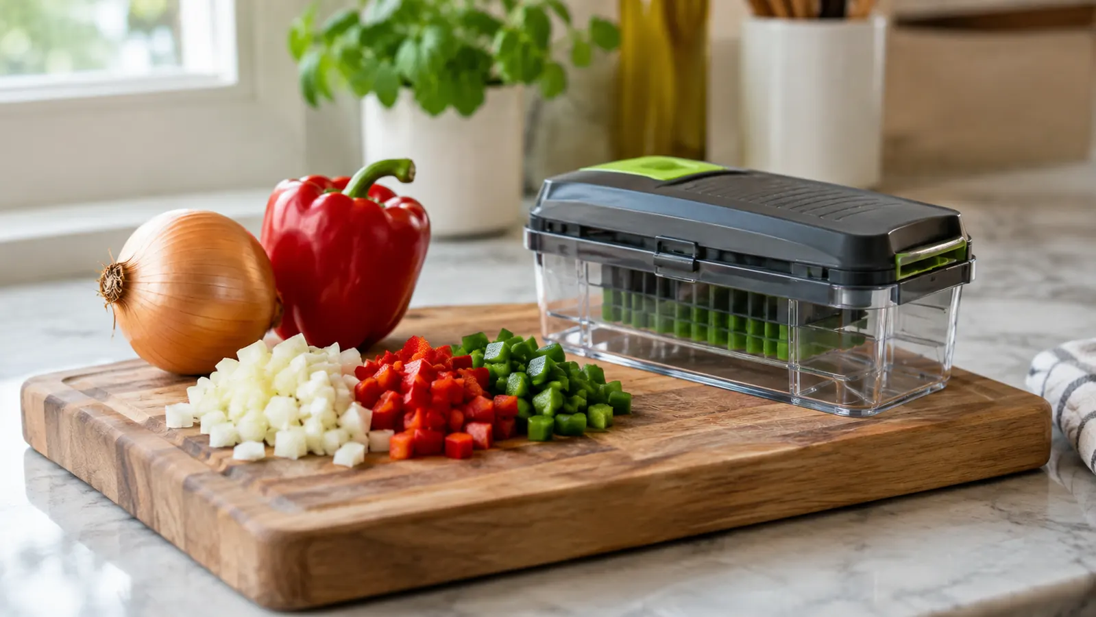 A cutting board with a whole onion, a bell pepper, and a pile of uniform diced vegetables next to the chopper