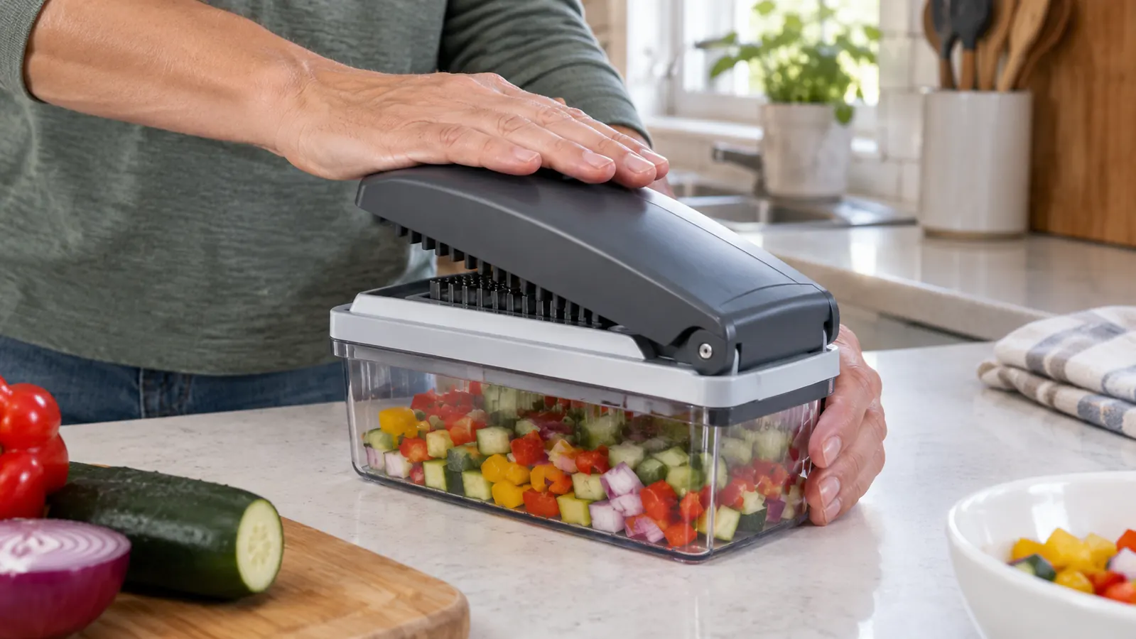 A hand pressing the chopper down over a bed of vegetables in the catch container on a kitchen counter