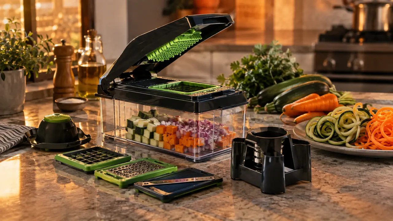 The vegetable chopper with spiralizer pieces laid out on a counter, with zucchini and carrot ribbons on a plate