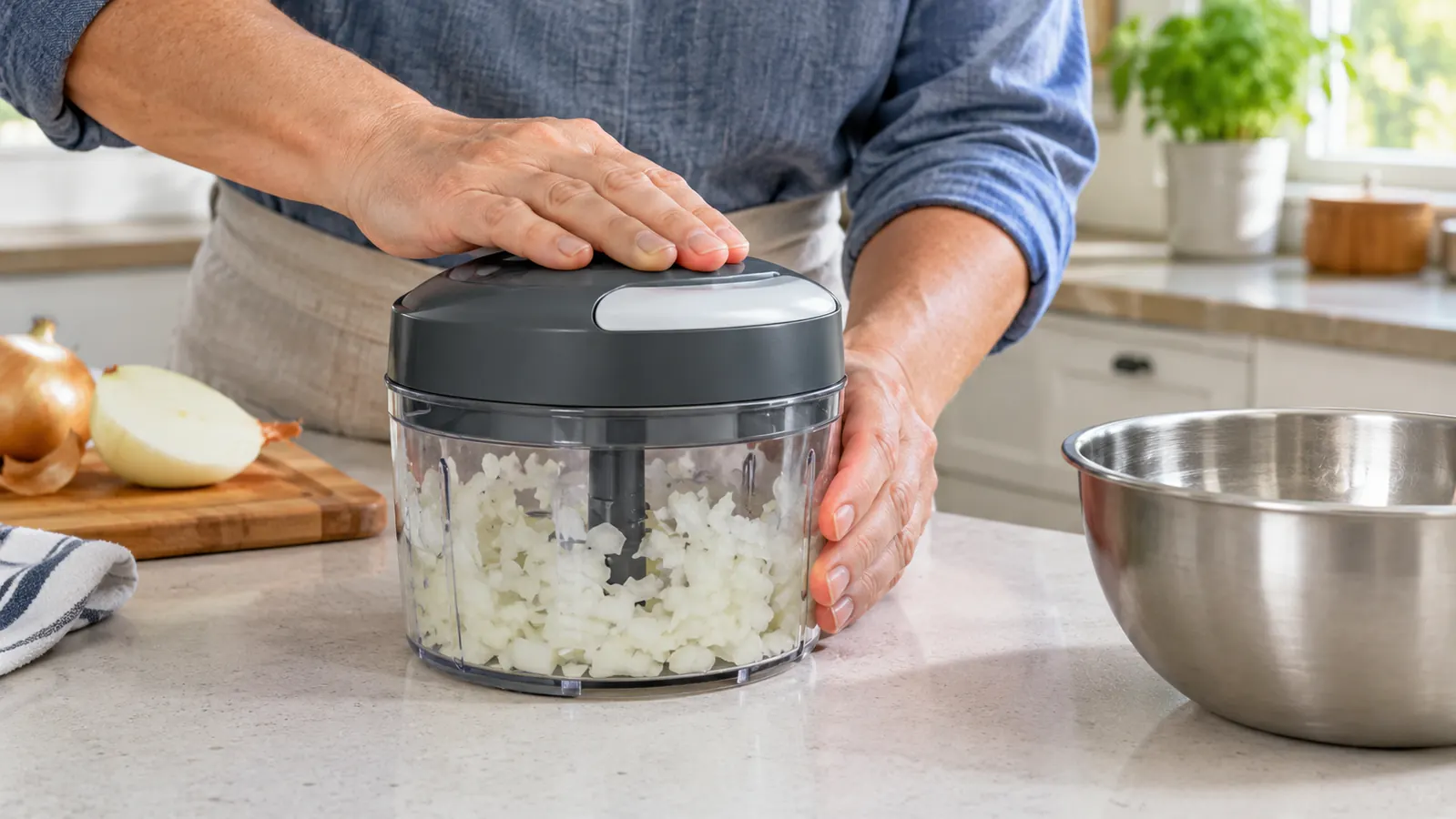 a hand pressing down on the lid of a vegetable chopper over a bowl of chopped onion
