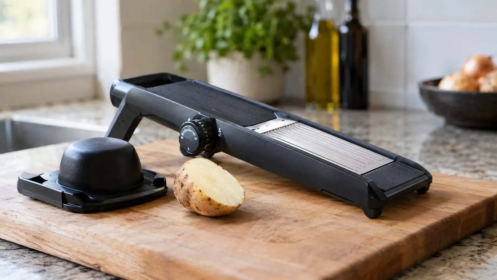 a flat mandoline slicer resting on a cutting board next to a halved potato and a hand guard