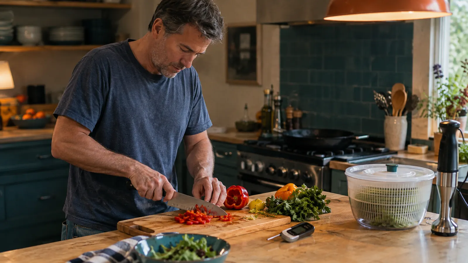 A home cook chopping vegetables on a wooden board in a warm, lived-in kitchen with a salad spinner and hand blender on the counter