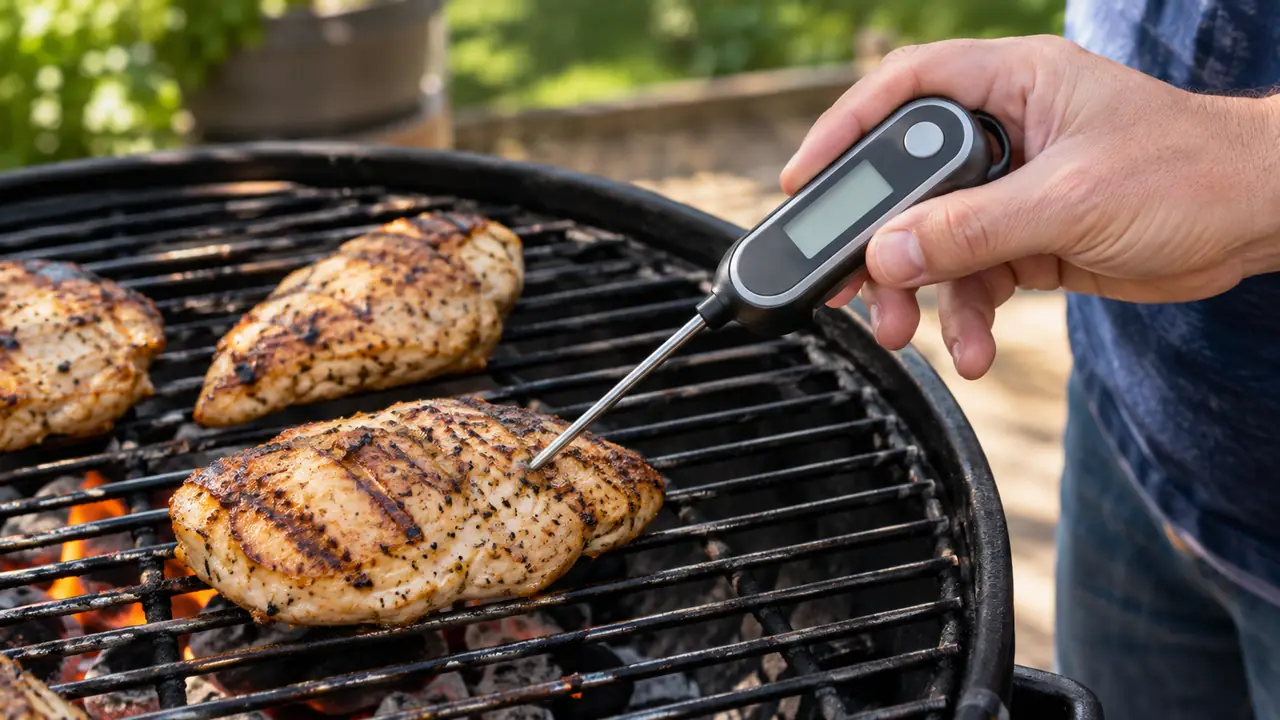 Hand holding a digital meat thermometer inserted into a chicken breast on a grill