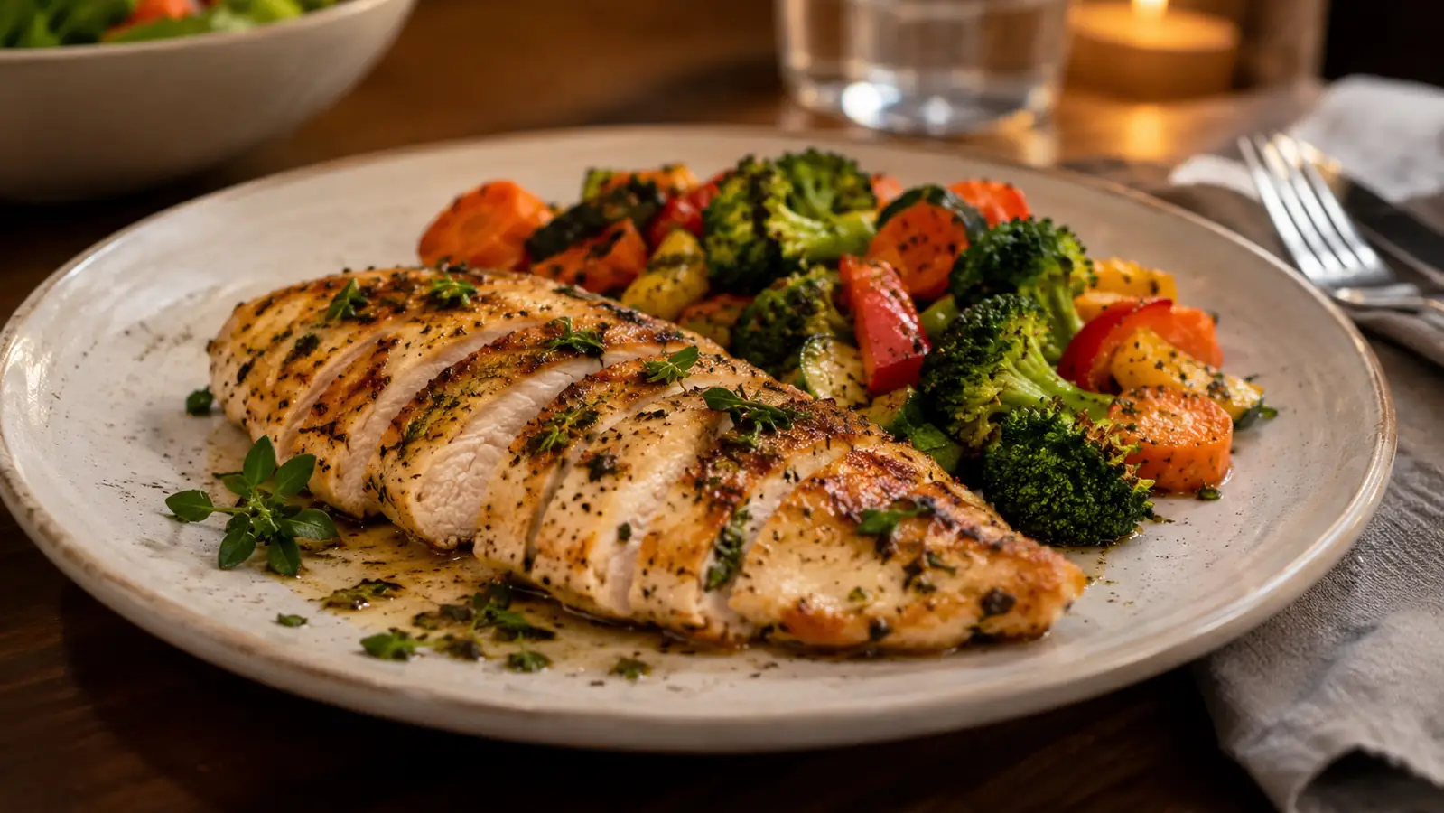 Plated sliced chicken breast with herbs on a dinner plate