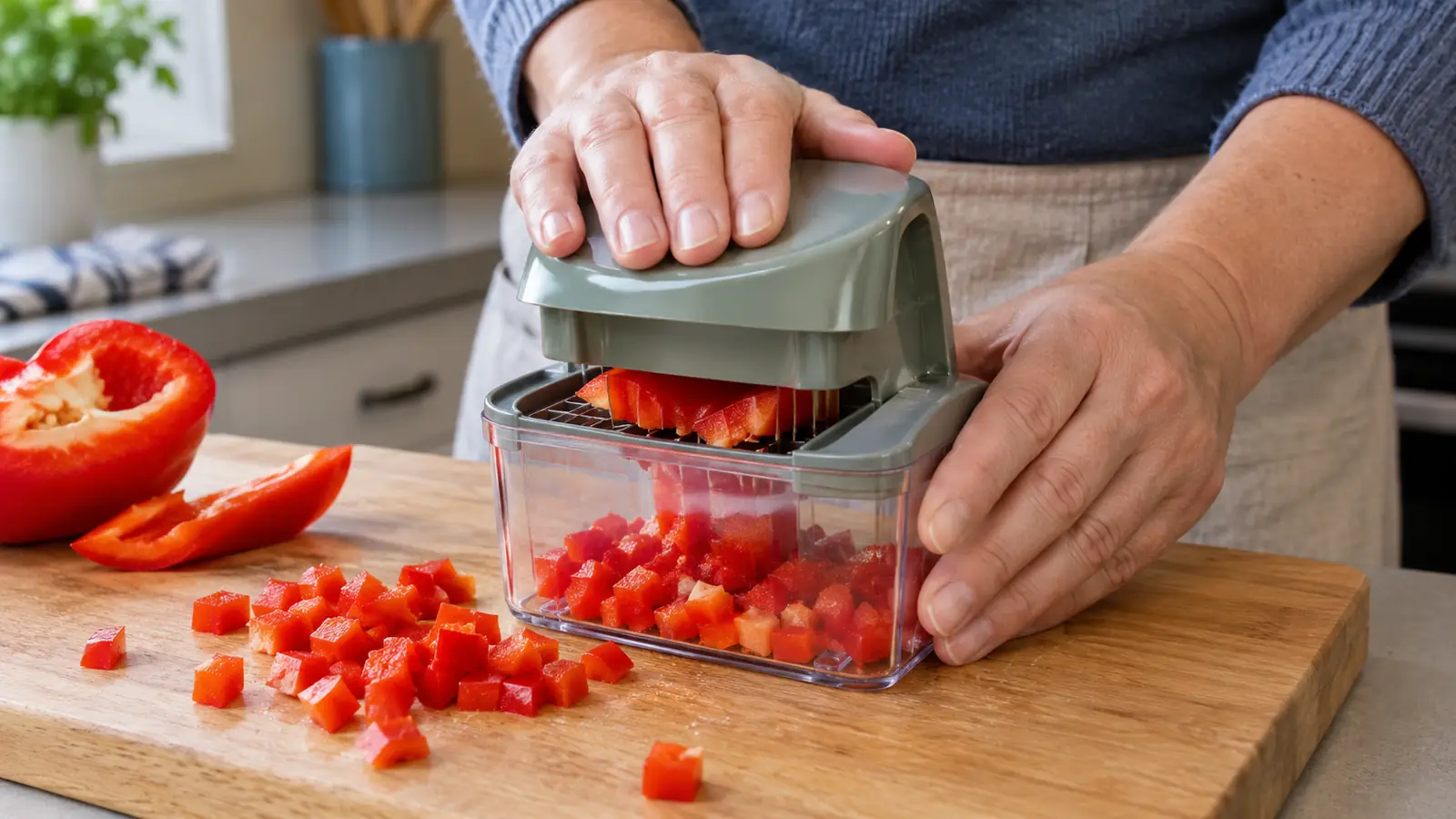Hands pressing down on a vegetable chopper to dice a bell pepper wedge