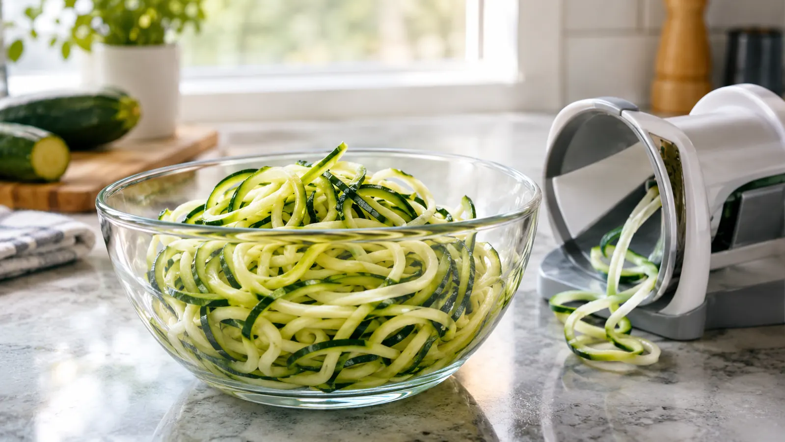 A bowl of spiralized zucchini noodles on a kitchen counter near a spiralizer attachment