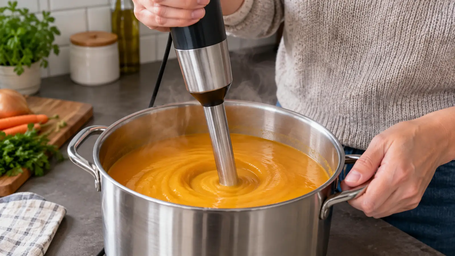 a hand blender submerged in a pot of soup, blending it smooth