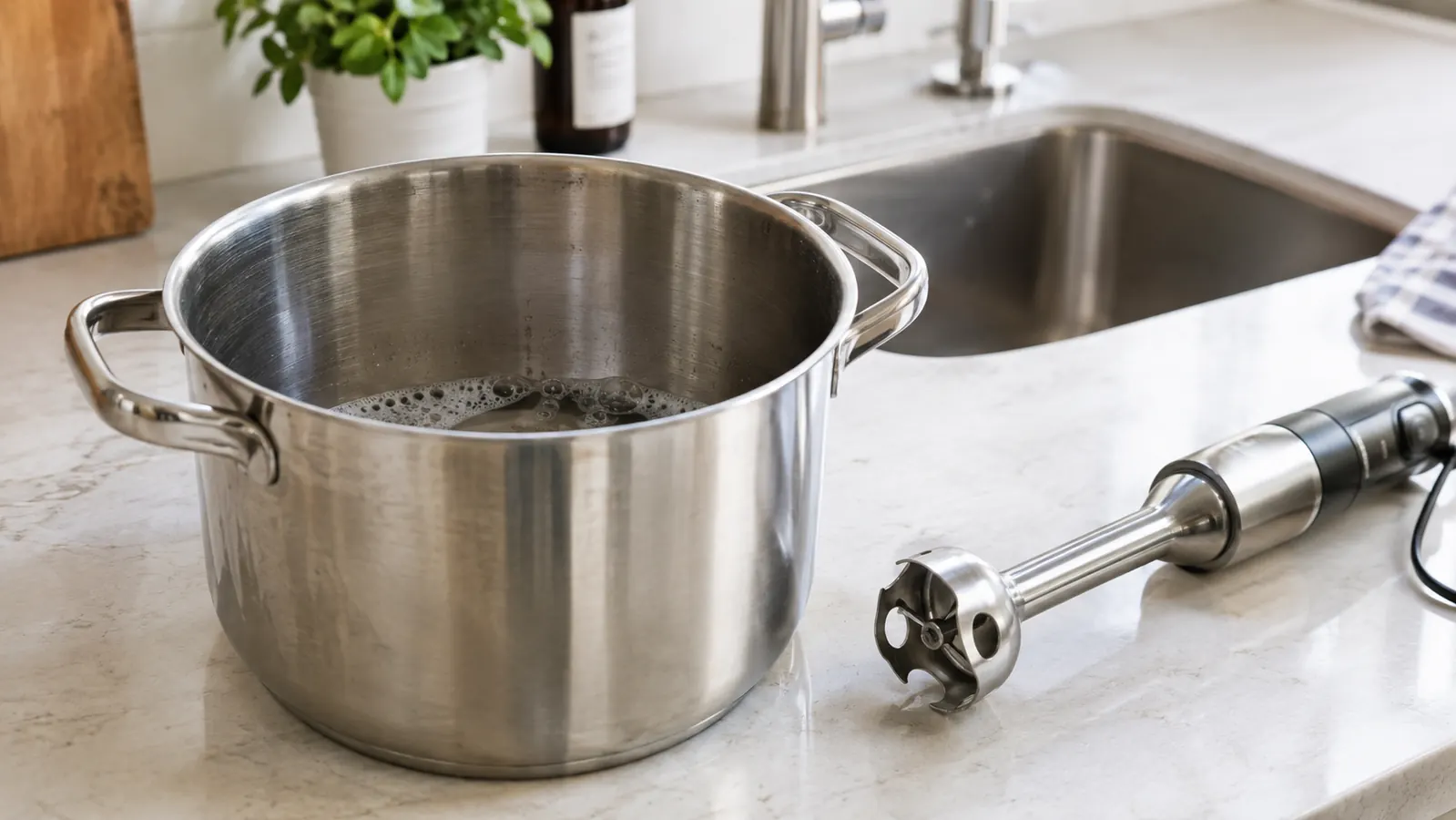 a pot and a hand blender wand on a clean counter after washing