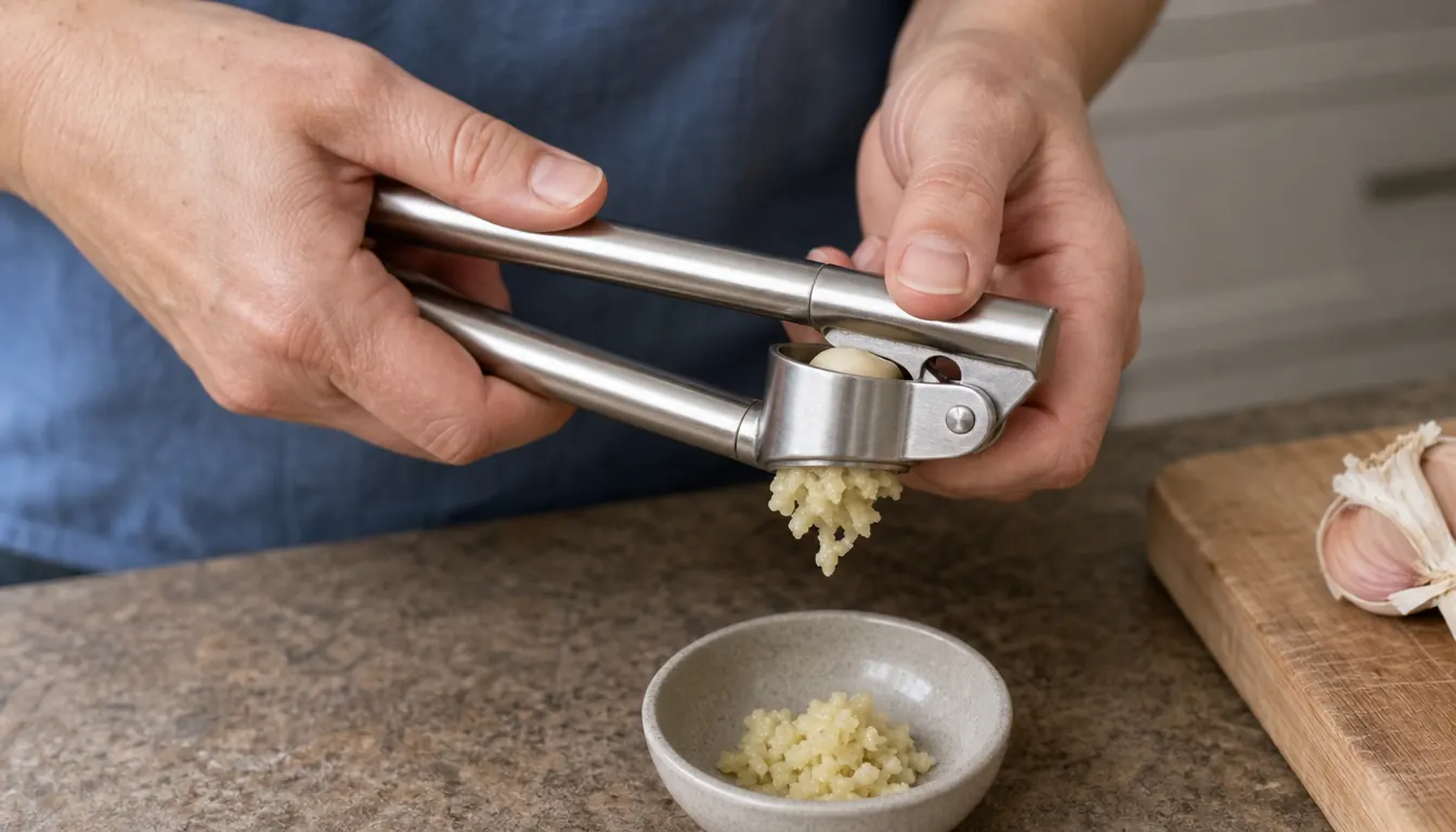 Close-up of hands using a garlic press to mince garlic over a small bowl