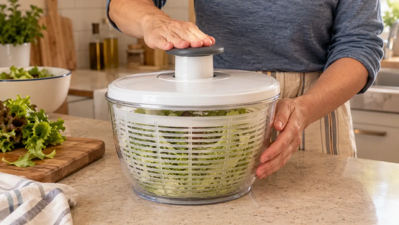 A hand pressing down on the pump handle of a salad spinner on a kitchen counter