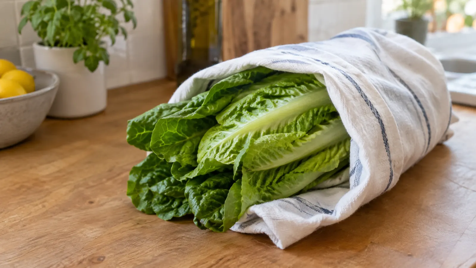 Romaine lettuce leaves rolled in a clean kitchen towel lying on a wooden counter
