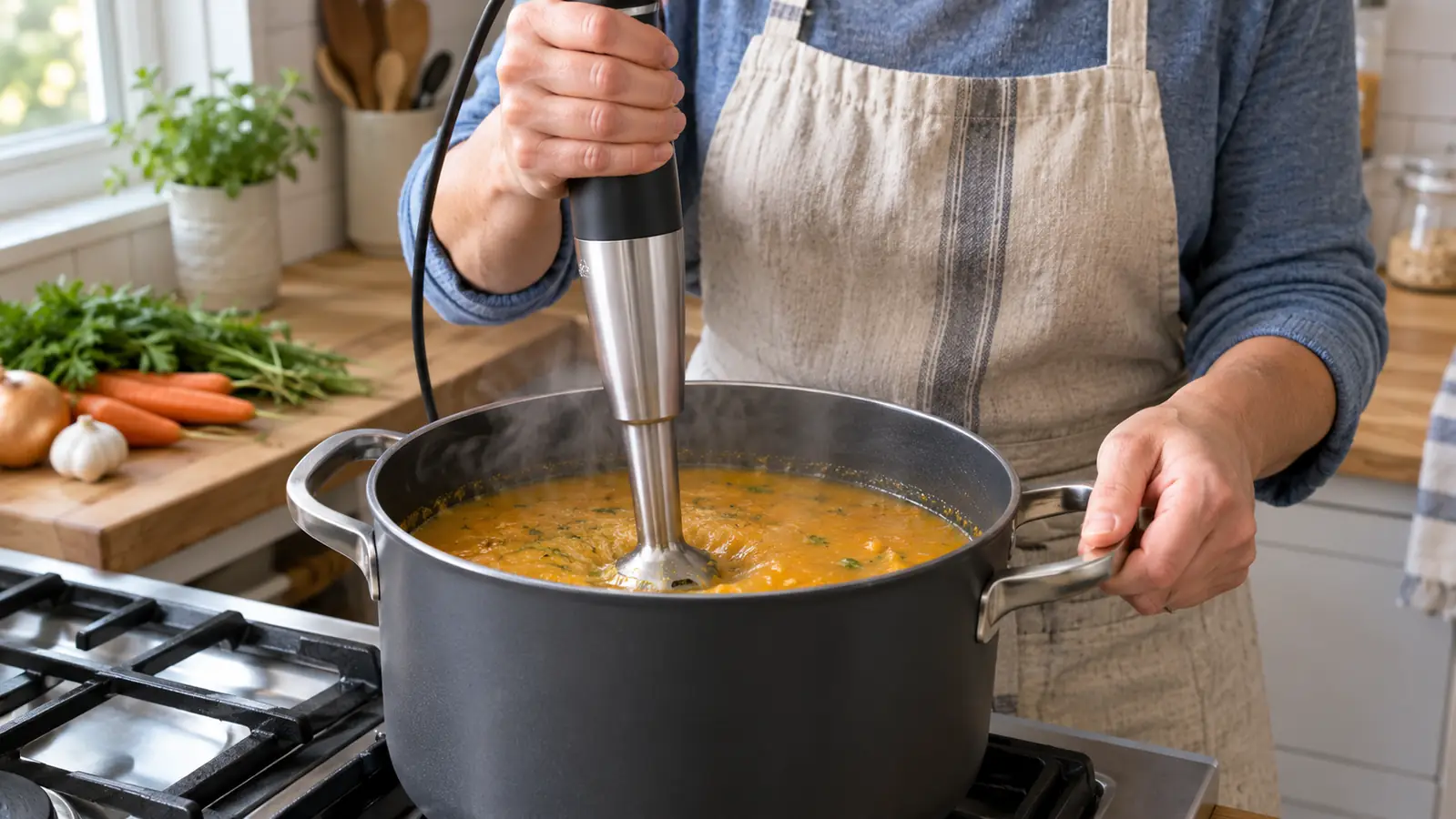 A hand blending soup directly in a stockpot on a home stove using a hand blender.