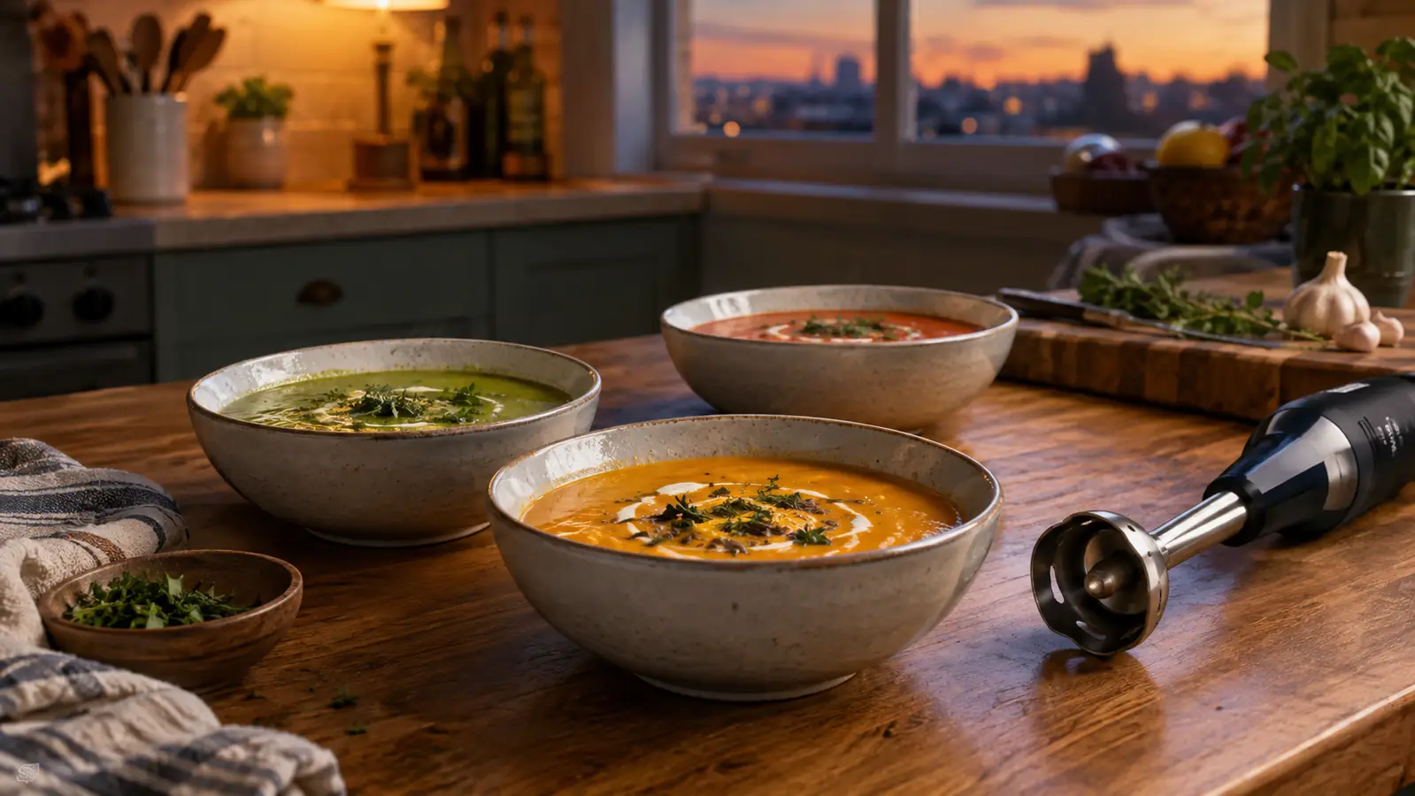 A home kitchen counter at dusk with soup bowls set out and a hand blender beside a cutting board.