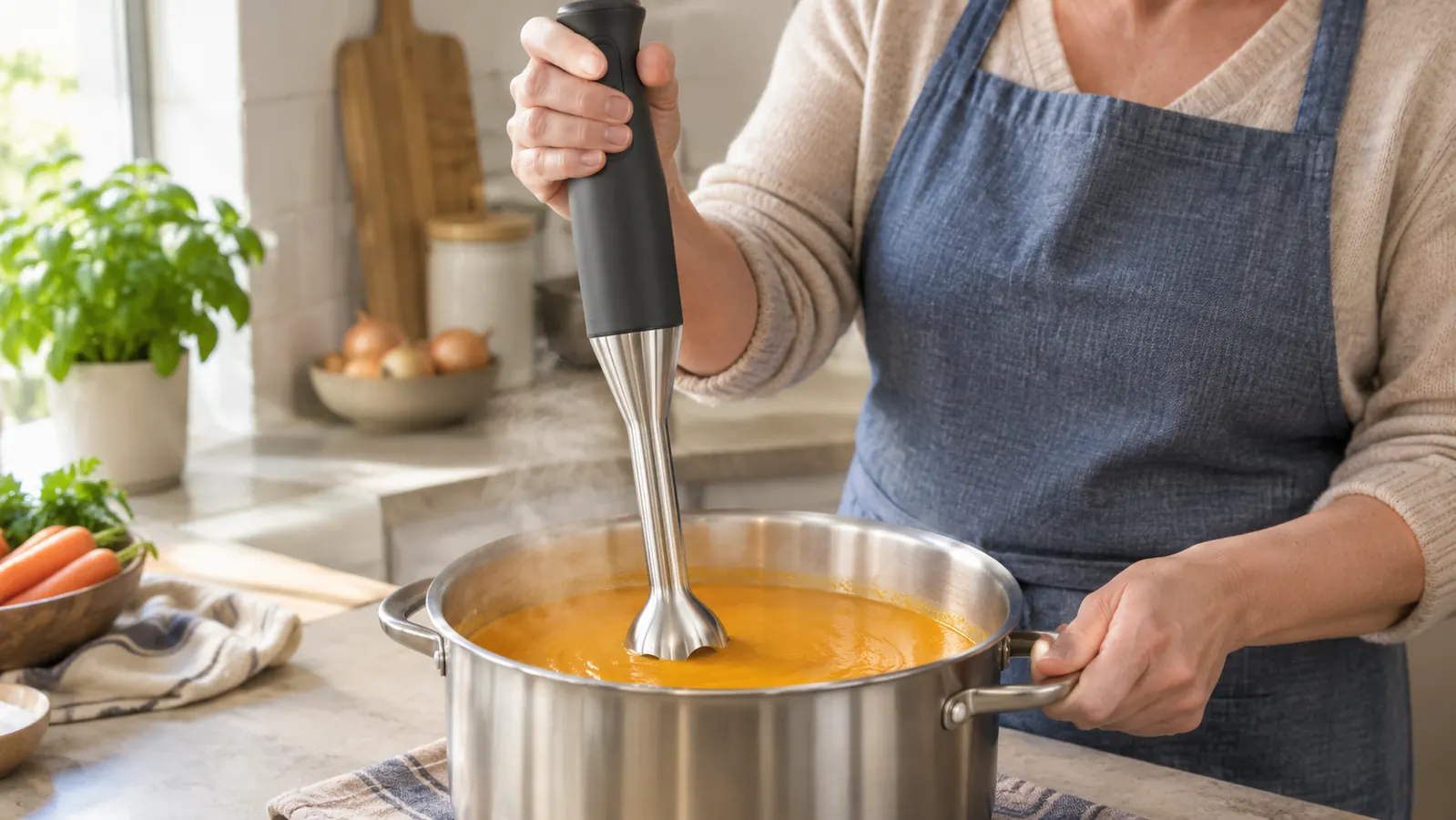 Hands holding a hand blender over a pot of pureed soup, steam rising from the pot