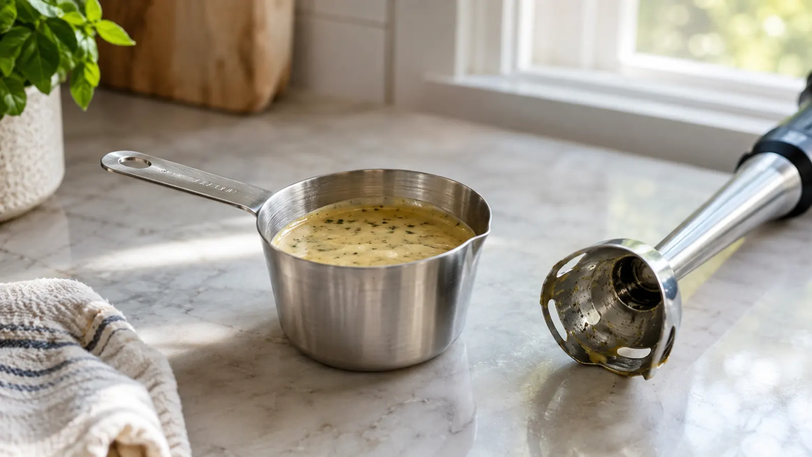 A small stainless measuring cup of emulsified vinaigrette on a kitchen counter with a hand blender wand resting beside it