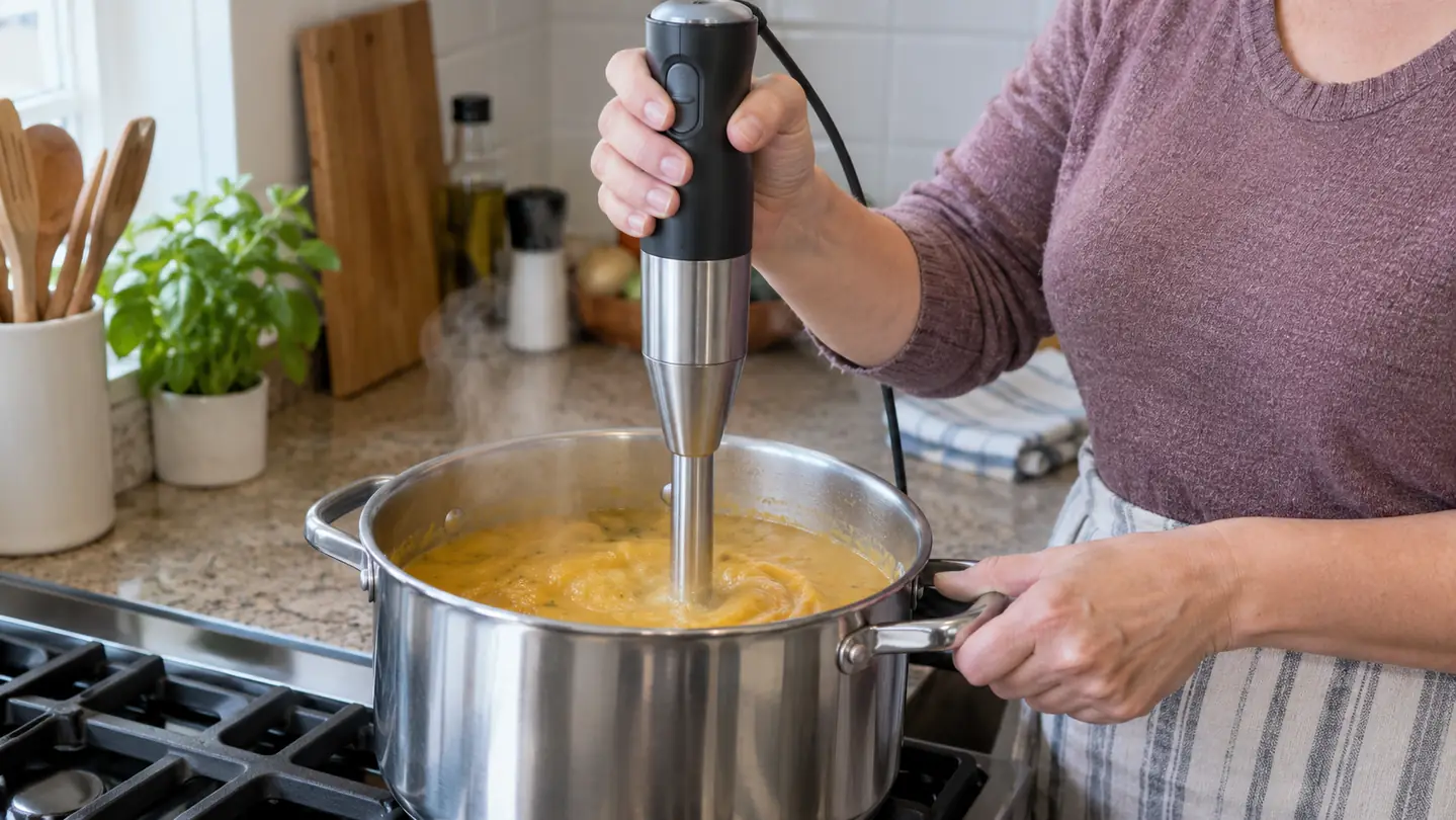 A hand blending soup in a stainless pot with the hand blender, steam rising from the pot