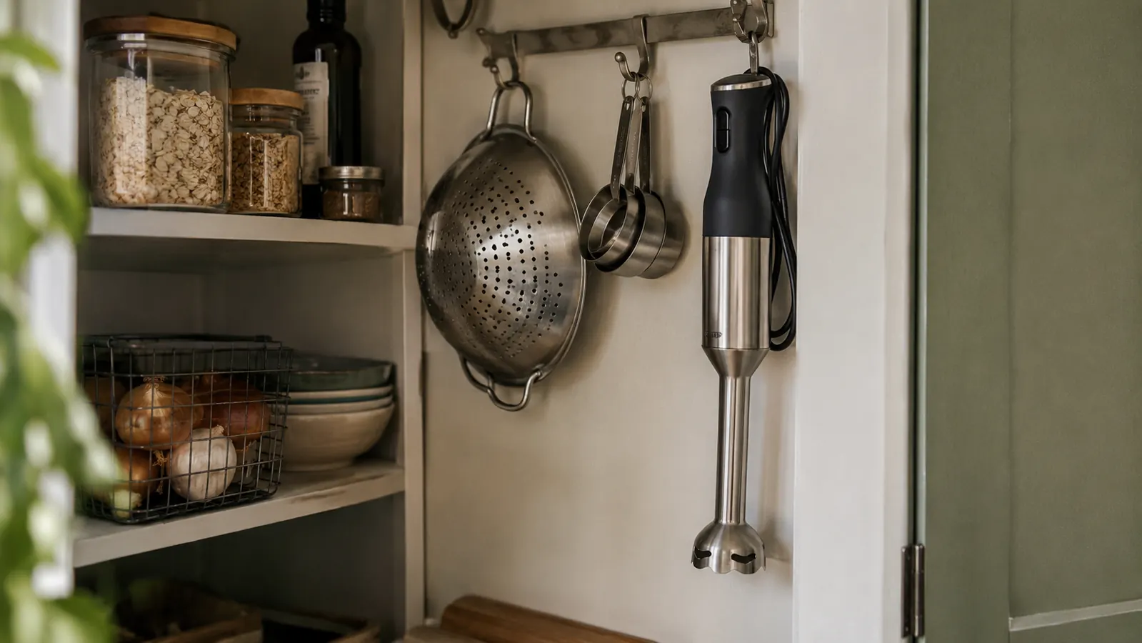 Hand blender hanging on a hook in a small pantry next to a colander, showing it takes little counter space