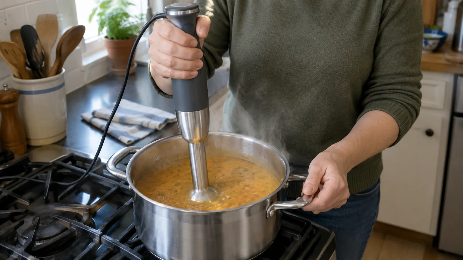 A hand holding an immersion blender down into a pot of soup on the stove.