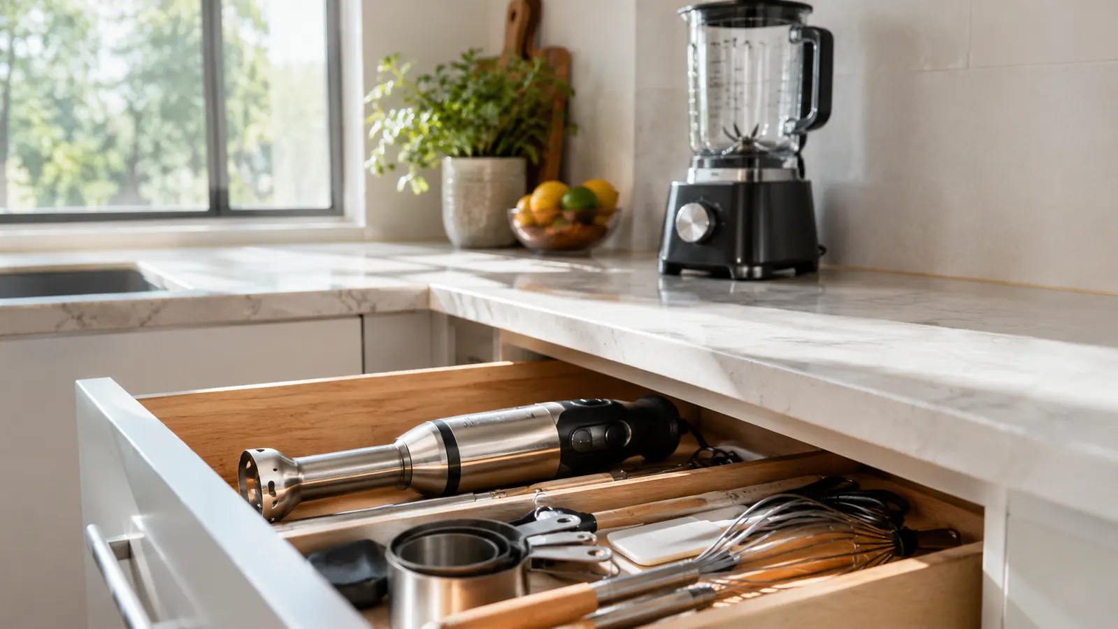 An immersion blender lying flat in an open kitchen drawer beside measuring cups, with a countertop blender on the counter behind.