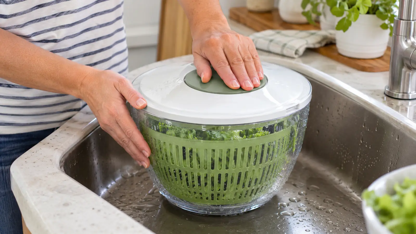 A hand pressing down on the pump lid of a salad spinner over a kitchen sink.