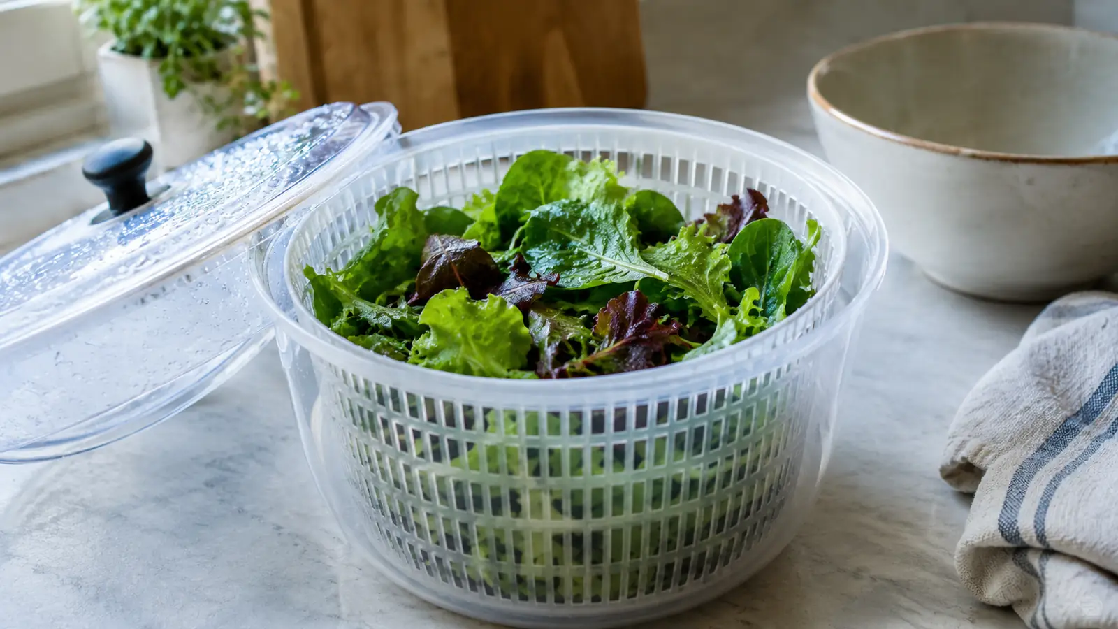 A salad spinner basket filled with freshly washed leafy greens sitting on a counter beside a mixing bowl and a towel.