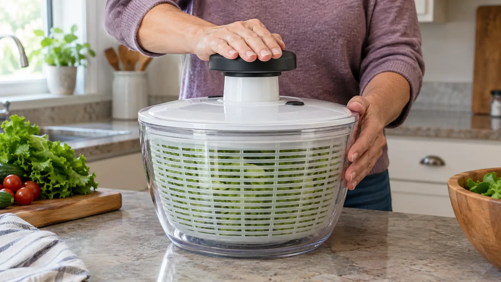 Hands pressing the pump handle on a salad spinner full of greens