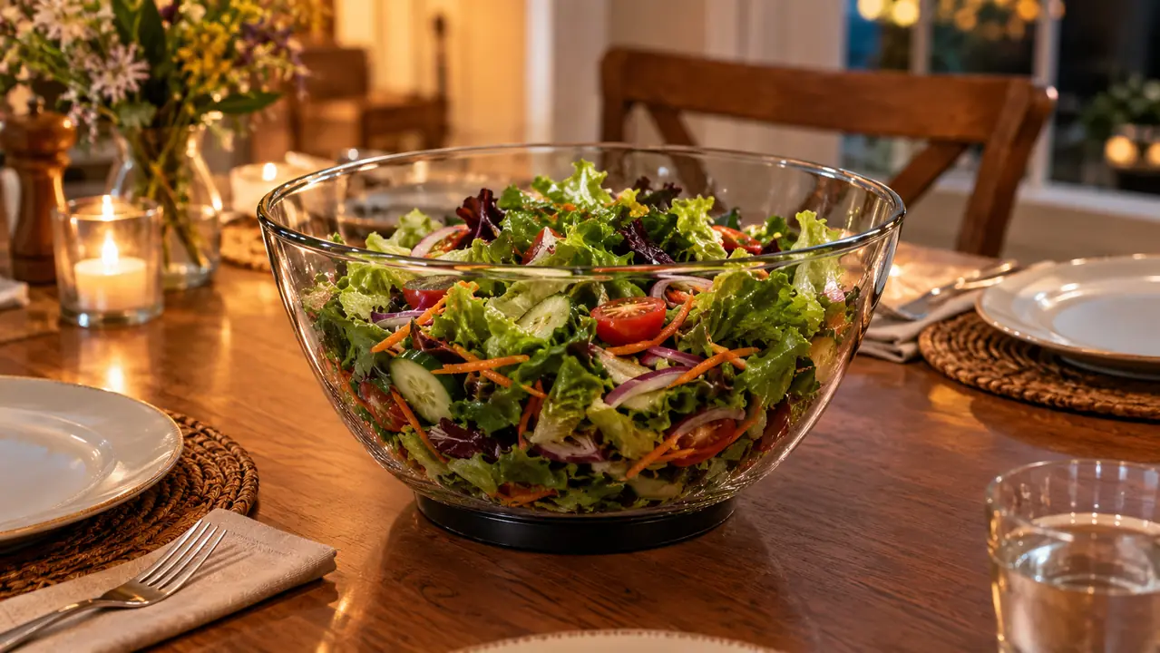 The clear bowl from a salad spinner used as a serving bowl filled with tossed salad on a dinner table