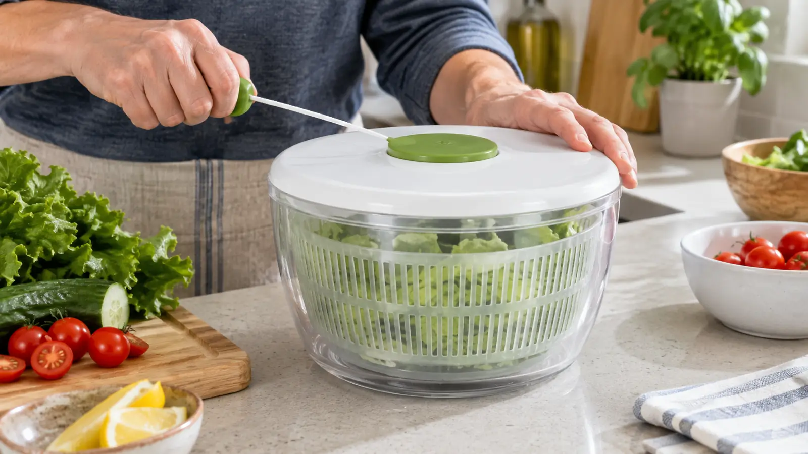 A hand pulling the cord on a salad spinner