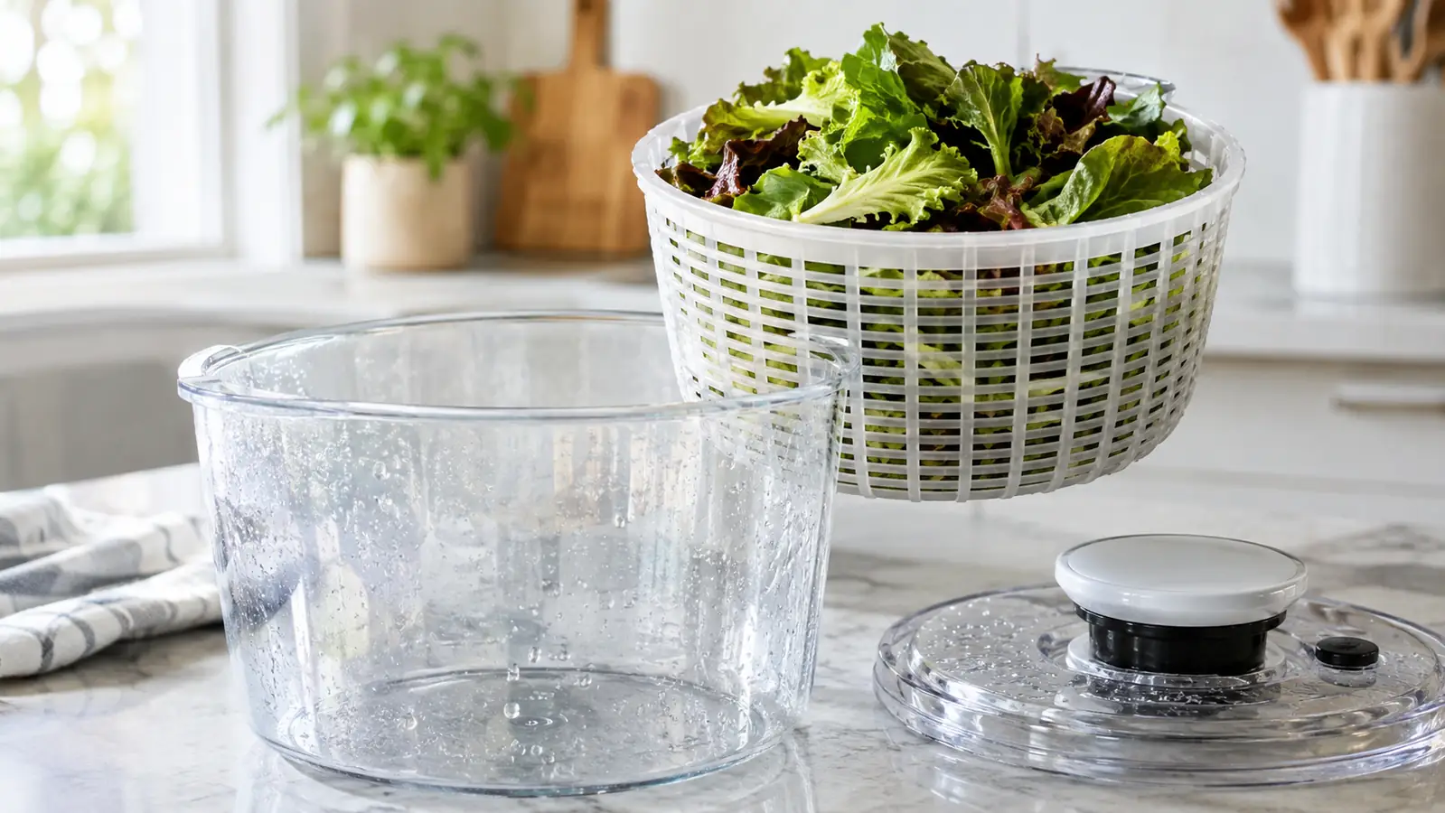 A salad spinner with the basket lifted out showing dry greens