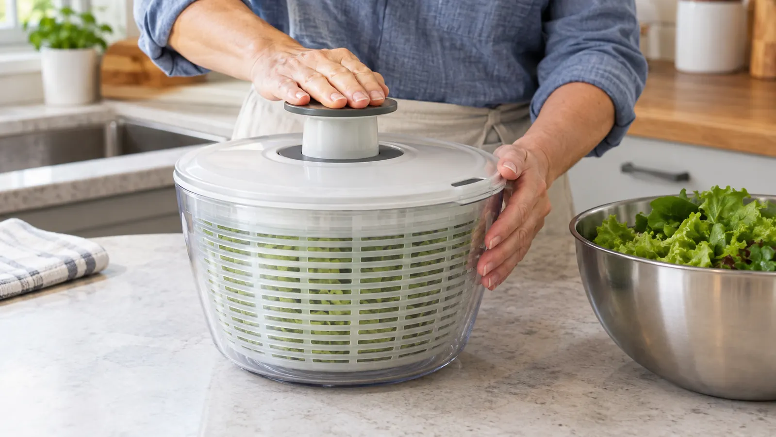 A hand pressing the top of the salad spinner to dry greens