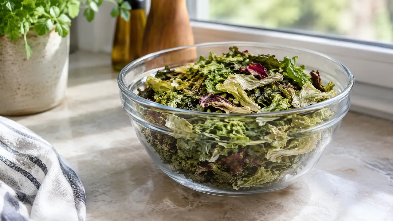 Dried salad greens in a clear bowl on a kitchen counter near a window
