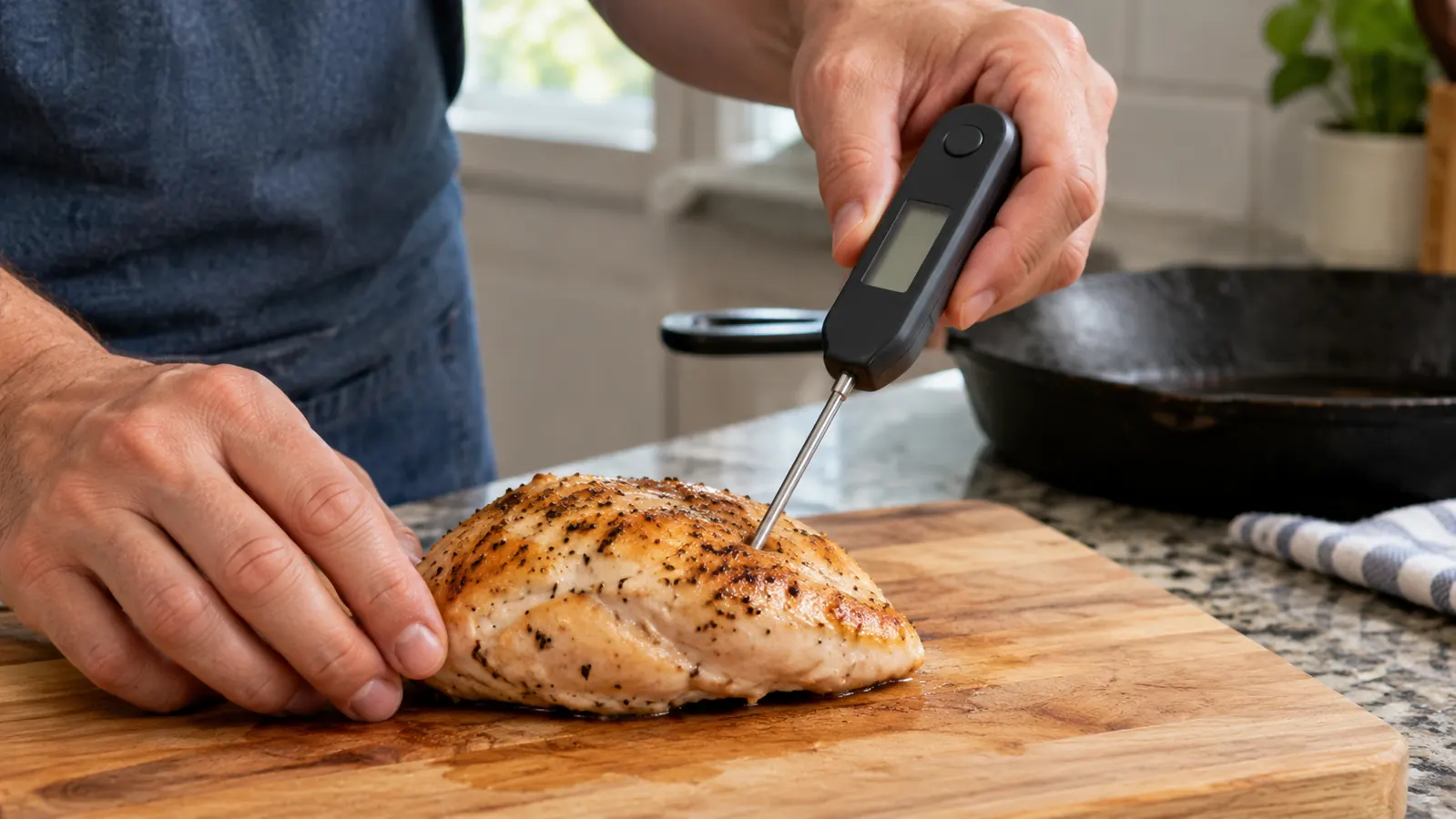 Hand probing a chicken breast with a digital instant-read thermometer on a wooden cutting board