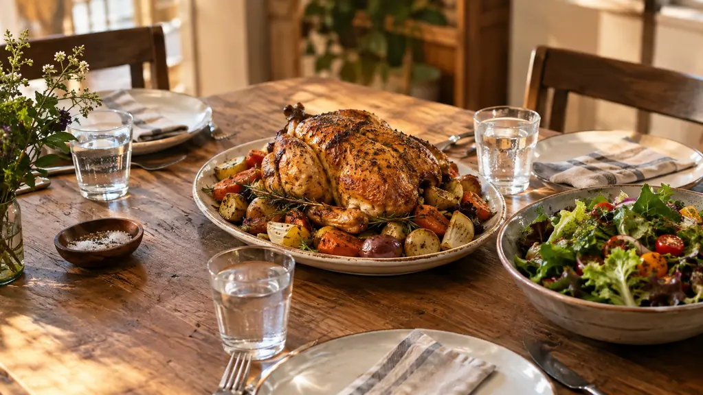 Plated roast chicken and side dishes on a home dinner table set for three