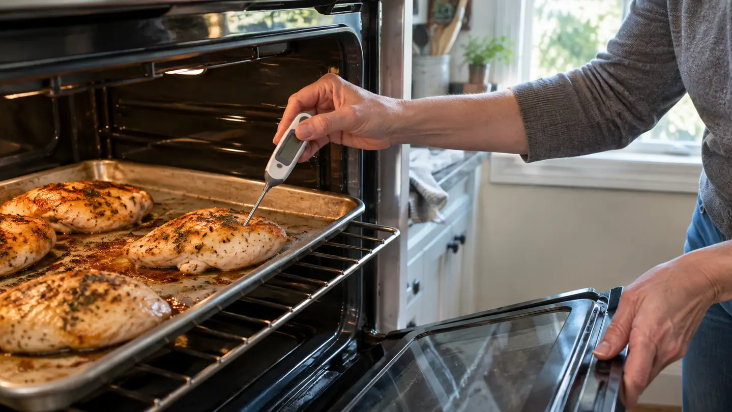 A digital meat thermometer probe inserted into a chicken breast on a sheet pan in a home oven