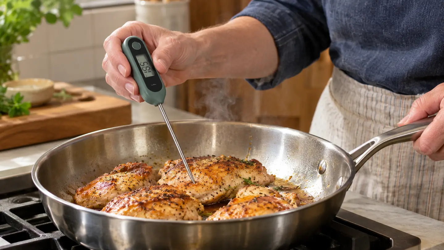 A hand holding a TempPro TempSwift thermometer over a skillet of searing chicken.