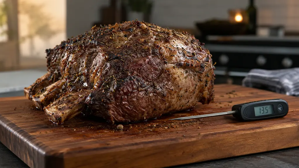 A cooked rib roast on a cutting board with a digital instant read thermometer resting beside it.