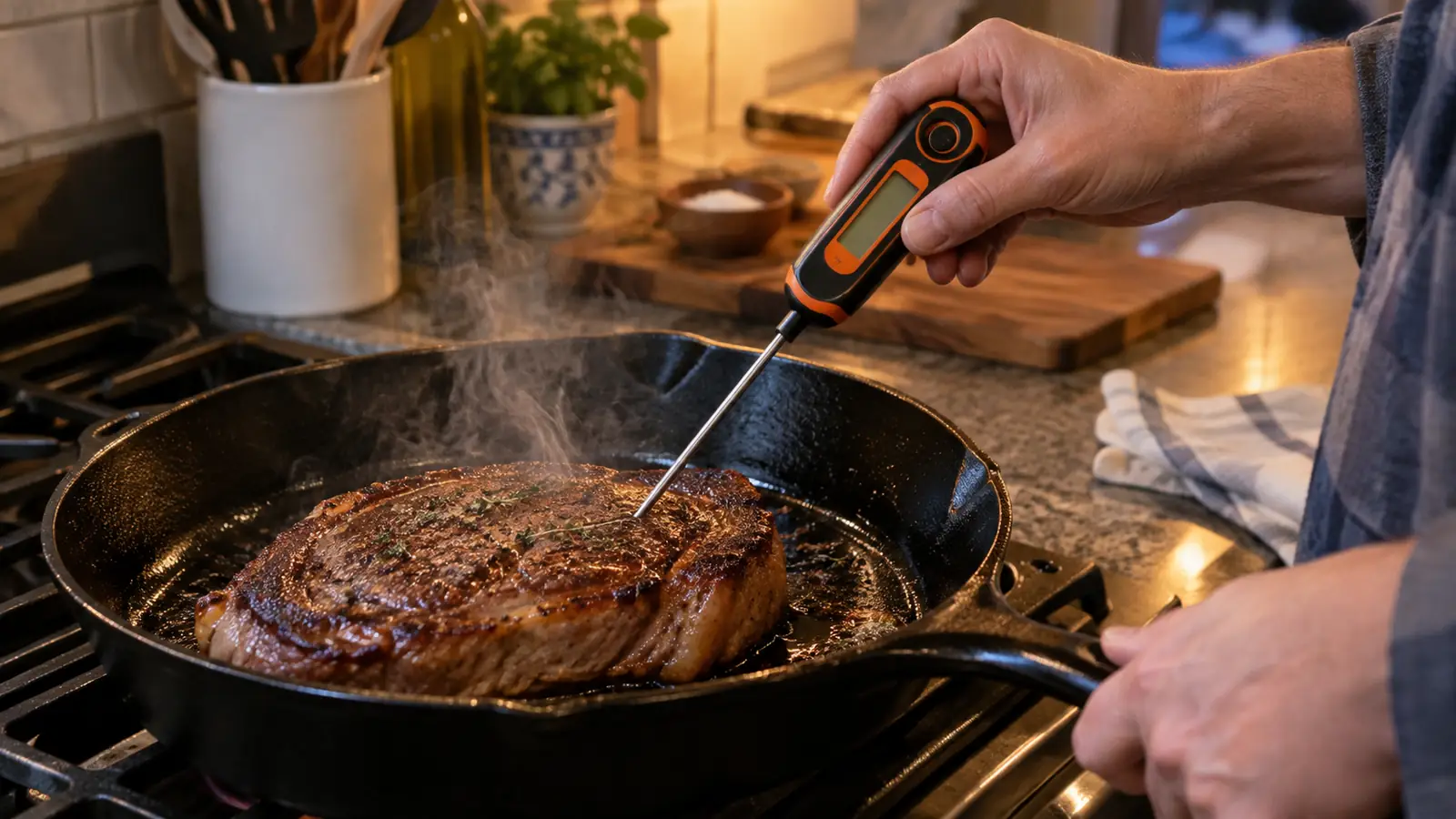 A cook checking the temperature of a steak with an instant-read thermometer.